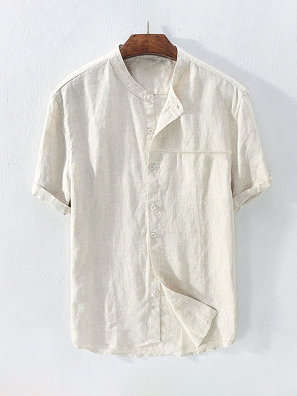 Men's Solid Color Cotton Linen Casual Short Sleeve Shirt