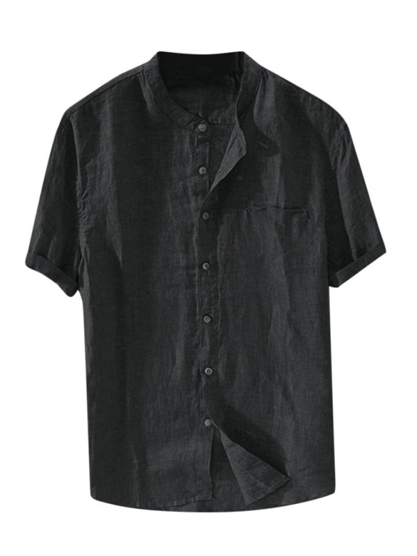 Men's Solid Color Cotton Linen Casual Short Sleeve Shirt