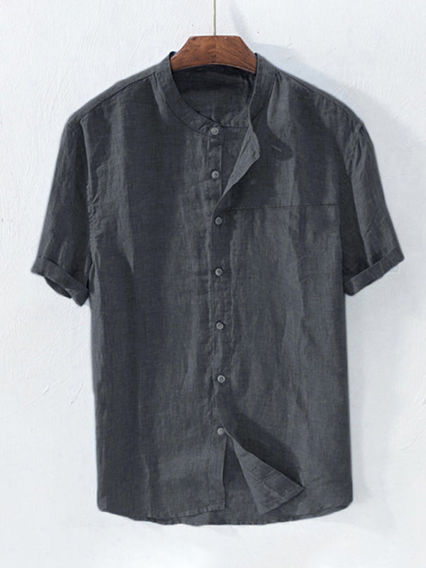 Men's Solid Color Cotton Linen Casual Short Sleeve Shirt