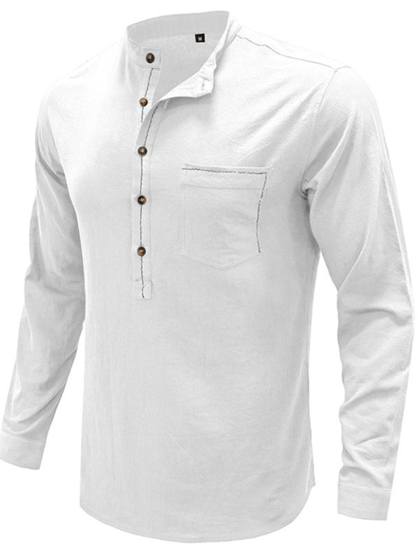 Men's woven solid color long-sleeved cotton and linen shirt