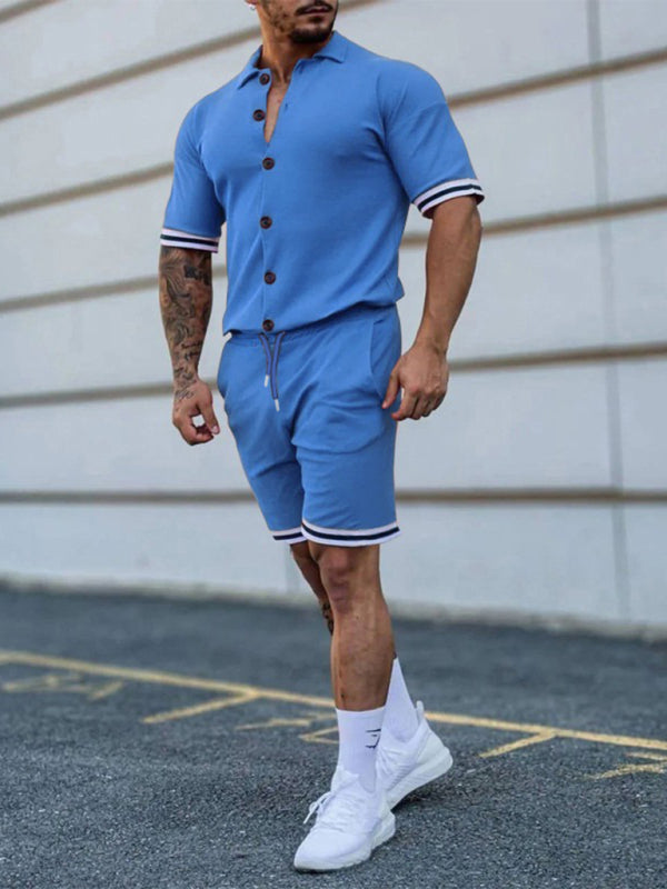 Men's color contrast lapel short-sleeved shirt + shorts two-piece suit