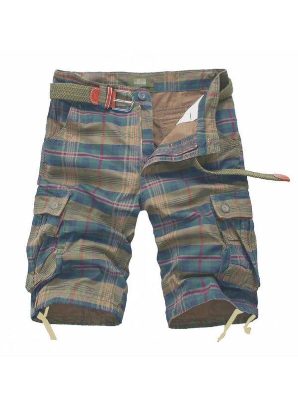 Men's plaid cargo shorts with a half pocket design, crafted from 100% cotton, featuring a belt and welt pockets.