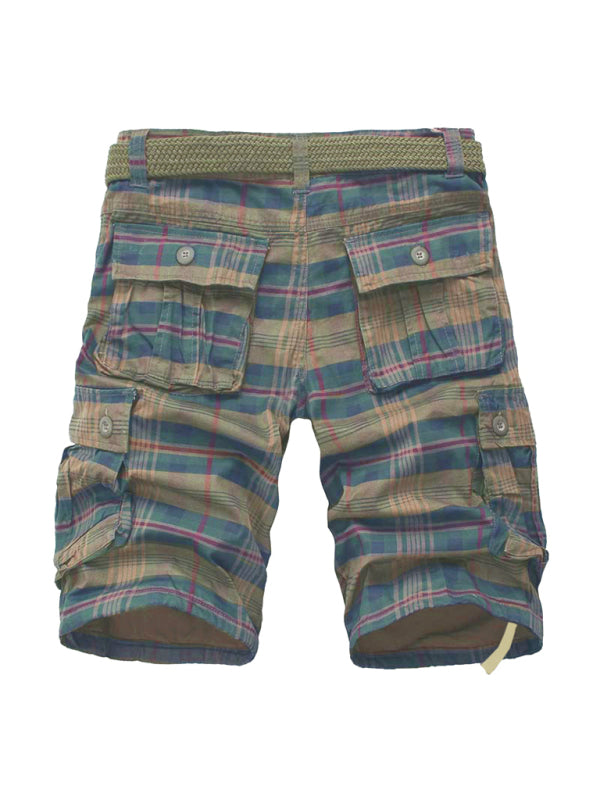 Men's cargo shorts featuring a plaid pattern with multiple pockets and a woven belt.