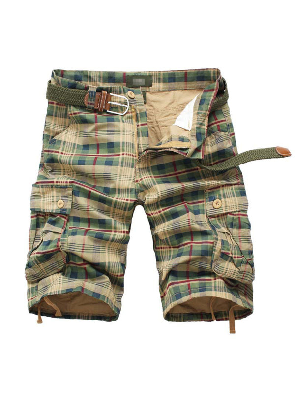 Men's cargo shorts with a plaid pattern, featuring welt pockets and an adjustable belt.