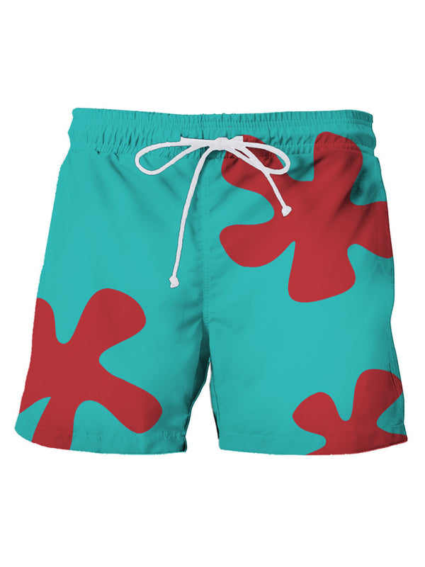Men's beach shorts turquoise with red graphic print – front view