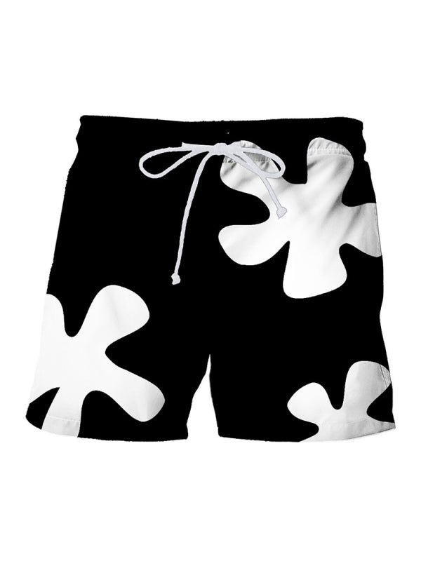Men's beach shorts black with white graphic print – front view