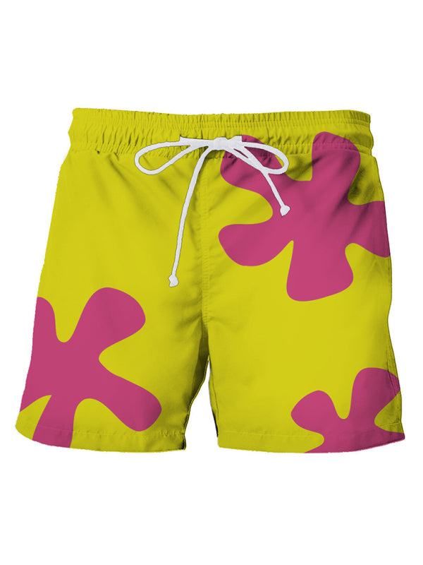 Men's beach shorts yellow with blue graphic print – front view