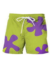 Men's beach shorts lime green with purple graphic print – front view