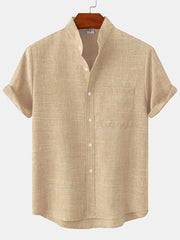 Spring and summer casual short-sleeved solid color cotton linen men's shirt