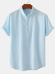 Chemise de plage décontractée à manches courtes en coton et lin pour homme, col montant 