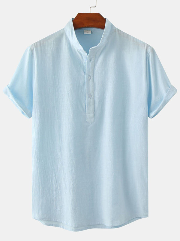 Chemise de plage décontractée à manches courtes en coton et lin pour homme, col montant 