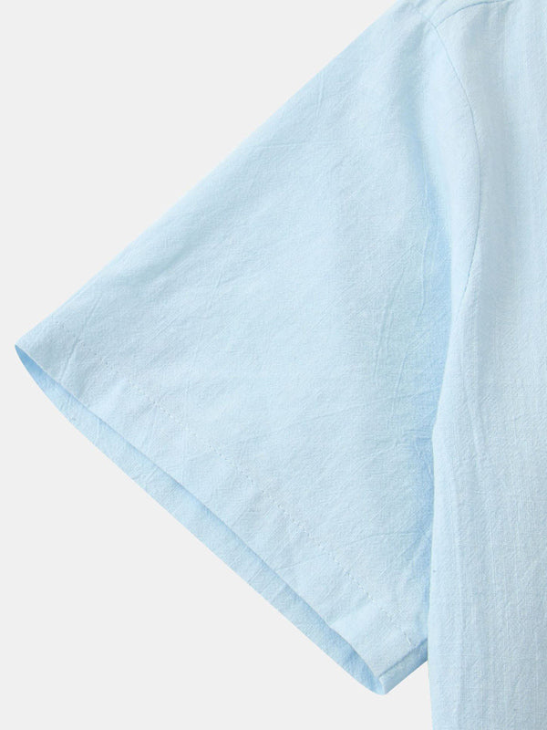 Chemise de plage décontractée à manches courtes en coton et lin pour homme, col montant 