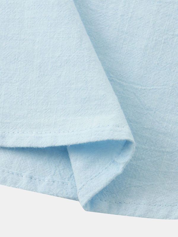 Chemise de plage décontractée à manches courtes en coton et lin pour homme, col montant 