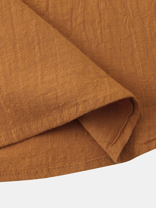 Chemise de plage décontractée à manches courtes en coton et lin pour homme, col montant 