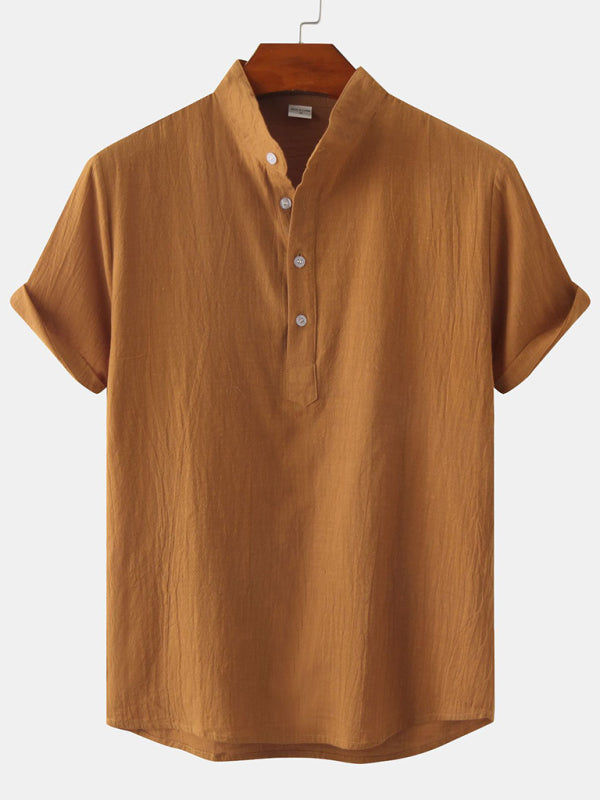Chemise de plage décontractée à manches courtes en coton et lin pour homme, col montant 