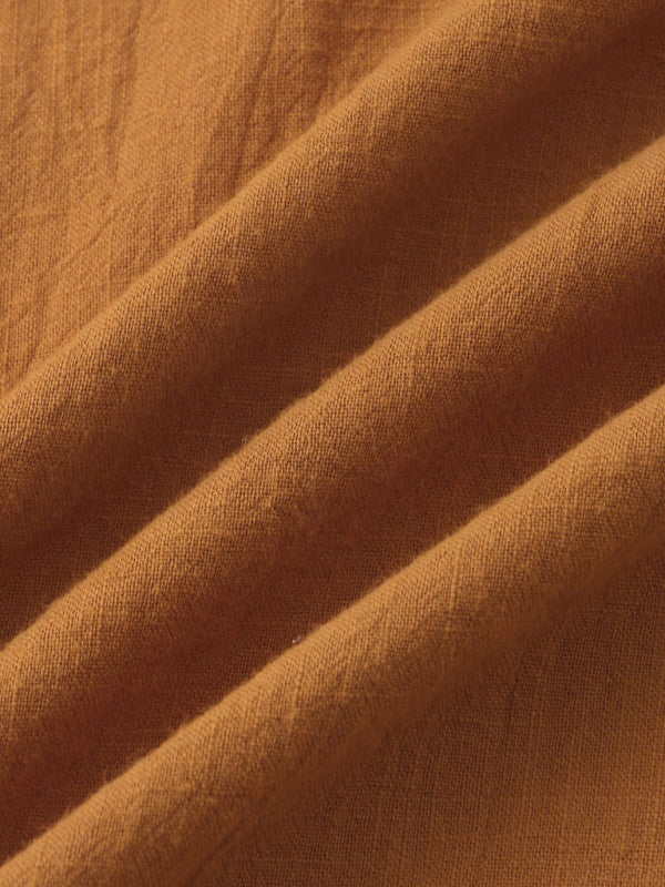 Chemise de plage décontractée à manches courtes en coton et lin pour homme, col montant 