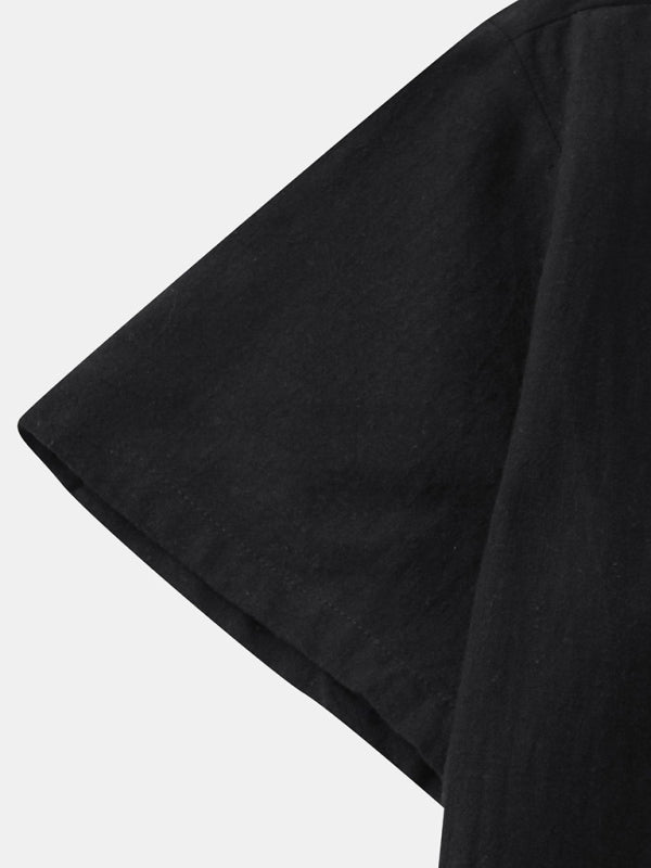 Chemise de plage décontractée à manches courtes en coton et lin pour homme, col montant 