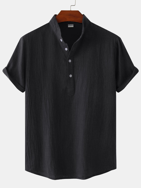 Chemise de plage décontractée à manches courtes en coton et lin pour homme, col montant 