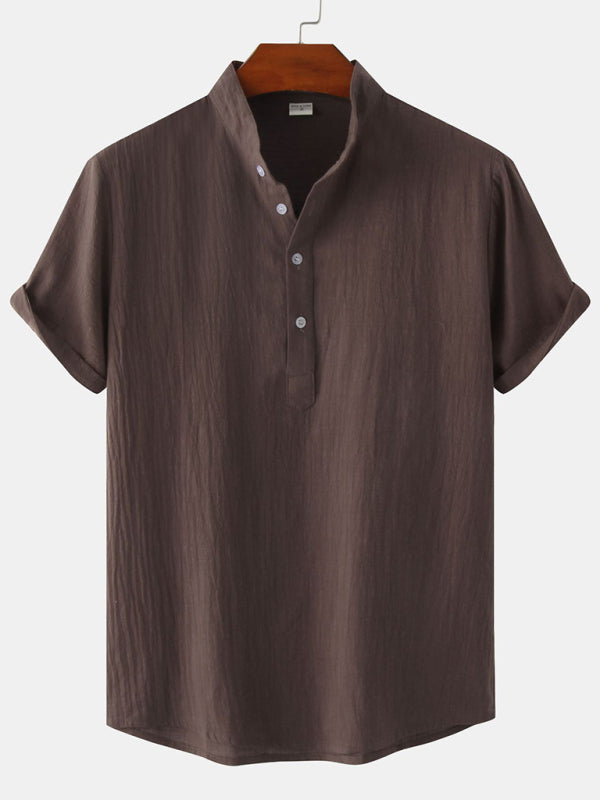 Chemise de plage décontractée à manches courtes en coton et lin pour homme, col montant 