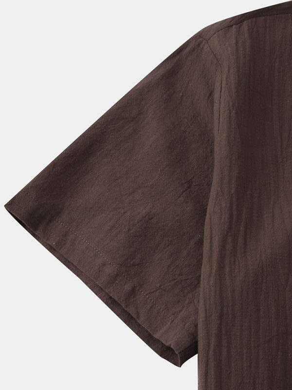 Chemise de plage décontractée à manches courtes en coton et lin pour homme, col montant 