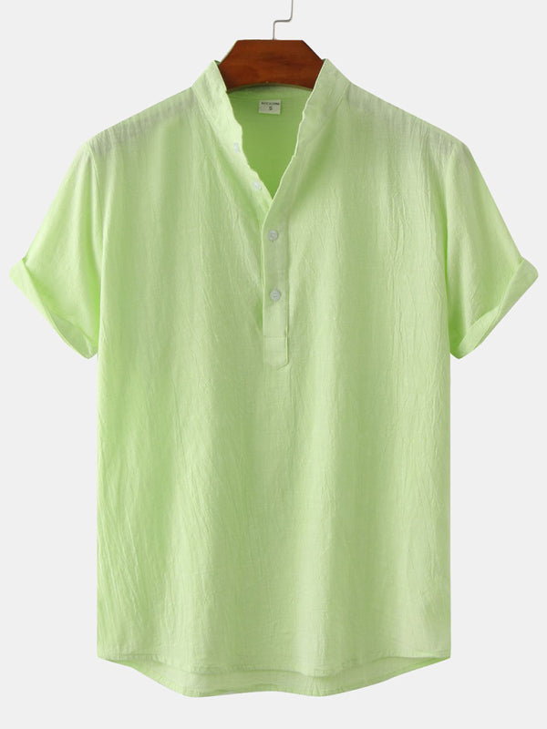 Chemise de plage décontractée à manches courtes en coton et lin pour homme, col montant 