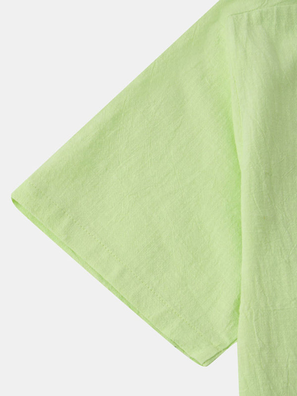 Chemise de plage décontractée à manches courtes en coton et lin pour homme, col montant 