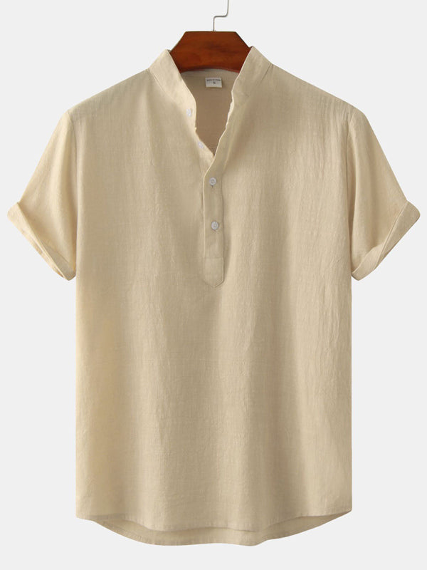 Chemise de plage décontractée à manches courtes en coton et lin pour homme, col montant 