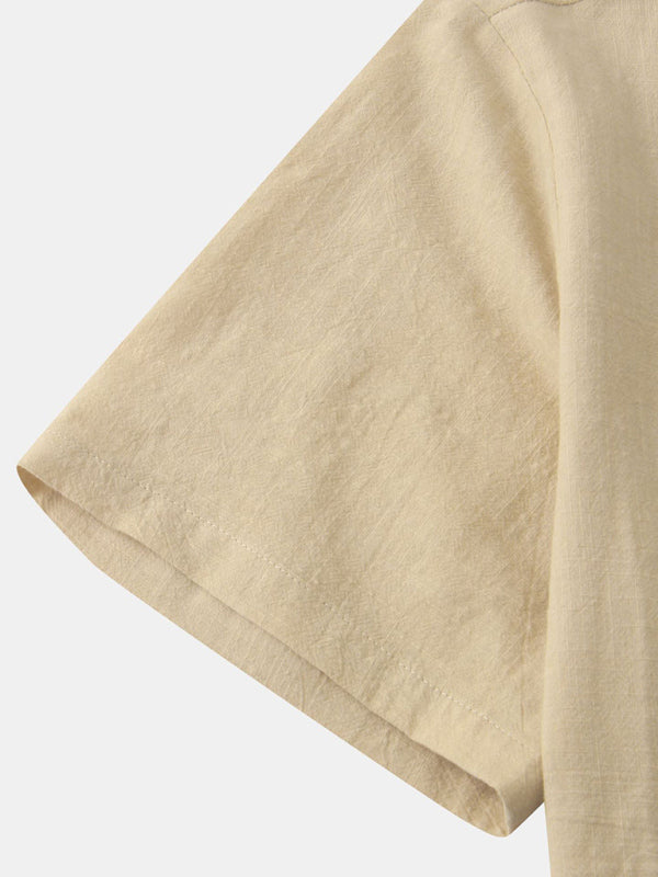 Chemise de plage décontractée à manches courtes en coton et lin pour homme, col montant 