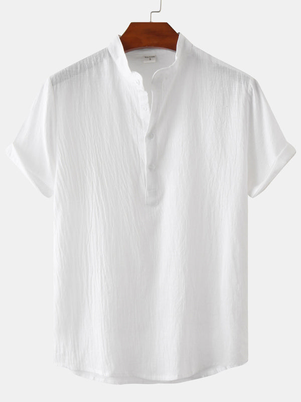 Chemise de plage décontractée à manches courtes en coton et lin pour homme, col montant 