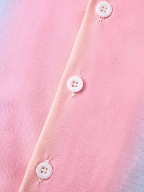 Close-up of the Beach Shirt Hawaiian Casual Gradient Stripe Shirt showing light pink buttons on a gradient fabric transitioning from pink to purple.