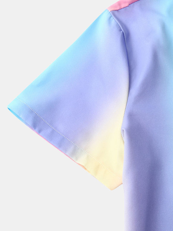 Close-up view of the sleeve of a Beach Shirt Hawaiian Casual Gradient Stripe Shirt with vibrant gradient transitioning from blue to yellow.