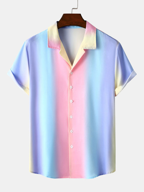 Beach Shirt Hawaiian Casual Gradient Stripe Shirt with a lapel collar, short sleeves, and a vibrant pastel gradient design in shades of blue, pink, and yellow on a hanger.