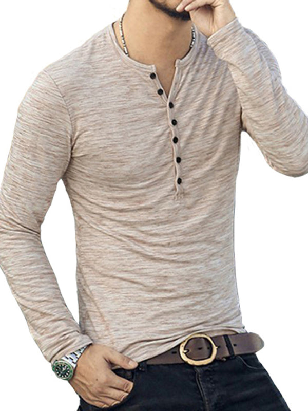 New fashion open placket slub silk men's long-sleeved T-shirt