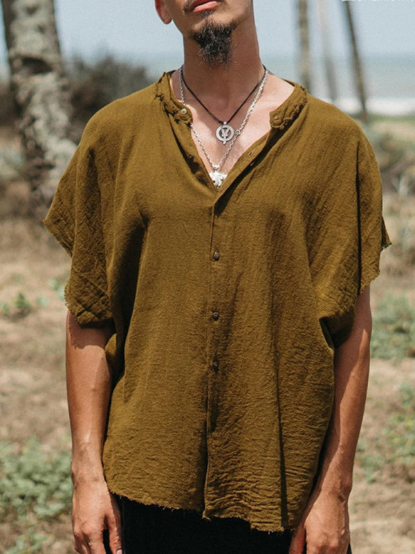 Chemise homme en coton et lin, cardigan à manches courtes, couleur unie, coupe ample et décontractée 