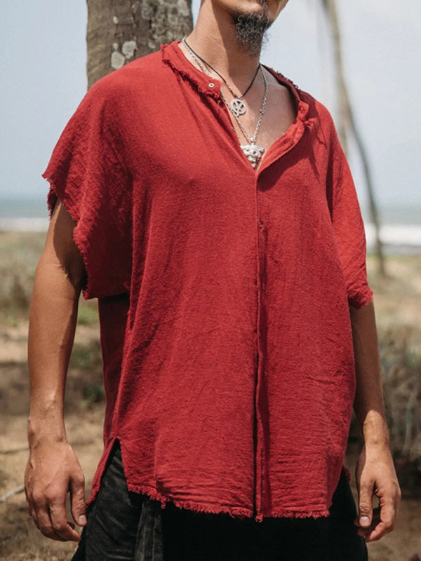 Chemise homme en coton et lin, cardigan à manches courtes, couleur unie, coupe ample et décontractée 