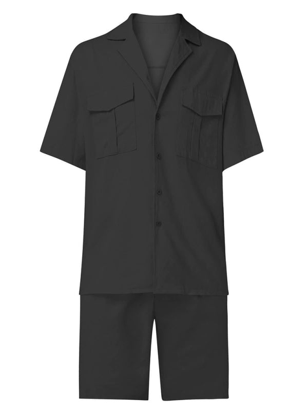 Herren Kurzarmhemd-Set, lässiges Baumwoll-Leinen-Cardiganhemd + Shorts 