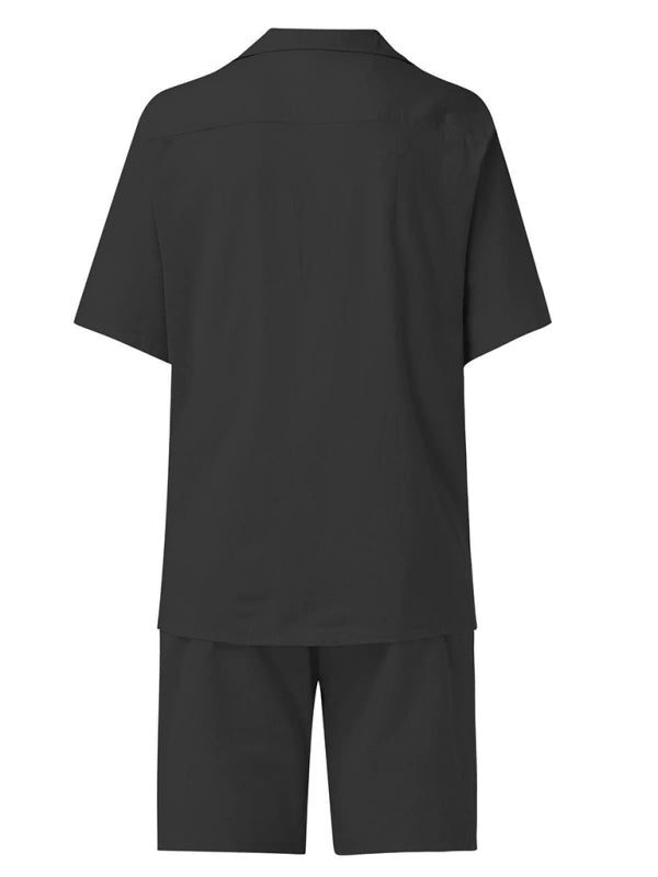 Herren Kurzarmhemd-Set, lässiges Baumwoll-Leinen-Cardiganhemd + Shorts 