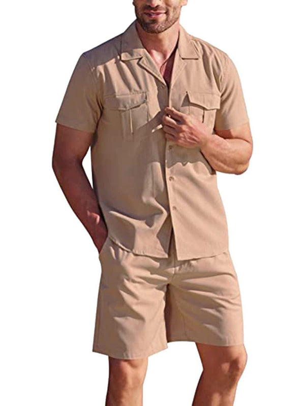 Herren Kurzarmhemd-Set, lässiges Baumwoll-Leinen-Cardiganhemd + Shorts 