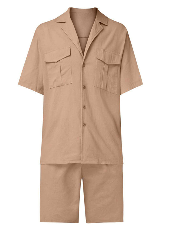 Herren Kurzarmhemd-Set, lässiges Baumwoll-Leinen-Cardiganhemd + Shorts 