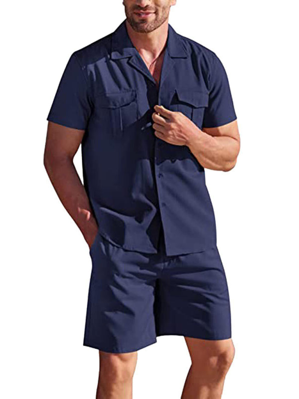 Herren Kurzarmhemd-Set, lässiges Baumwoll-Leinen-Cardiganhemd + Shorts 