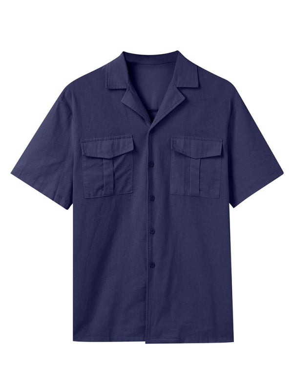 Herren Kurzarmhemd-Set, lässiges Baumwoll-Leinen-Cardiganhemd + Shorts 