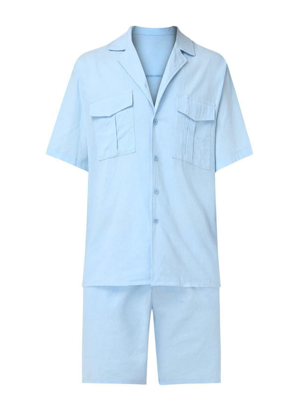 Herren Kurzarmhemd-Set, lässiges Baumwoll-Leinen-Cardiganhemd + Shorts 