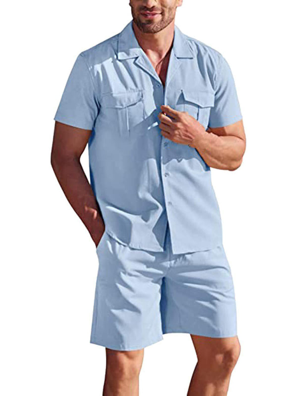 Herren Kurzarmhemd-Set, lässiges Baumwoll-Leinen-Cardiganhemd + Shorts 