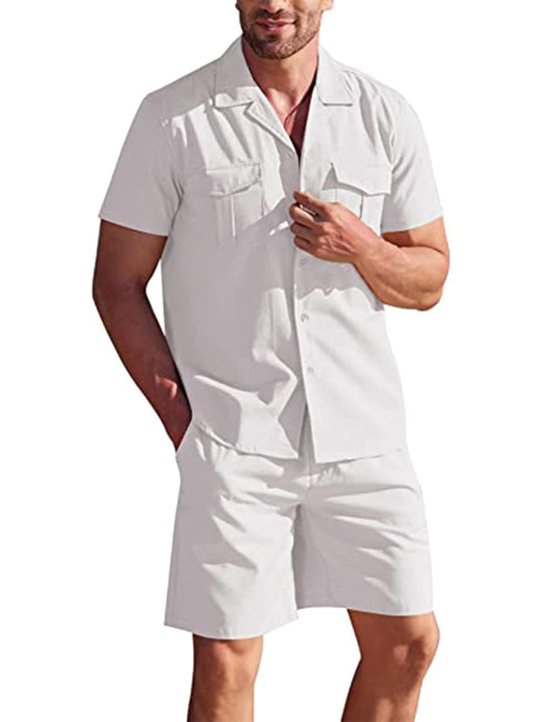 Herren Kurzarmhemd-Set, lässiges Baumwoll-Leinen-Cardiganhemd + Shorts 