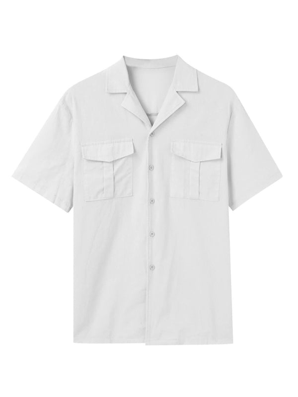 Herren Kurzarmhemd-Set, lässiges Baumwoll-Leinen-Cardiganhemd + Shorts 