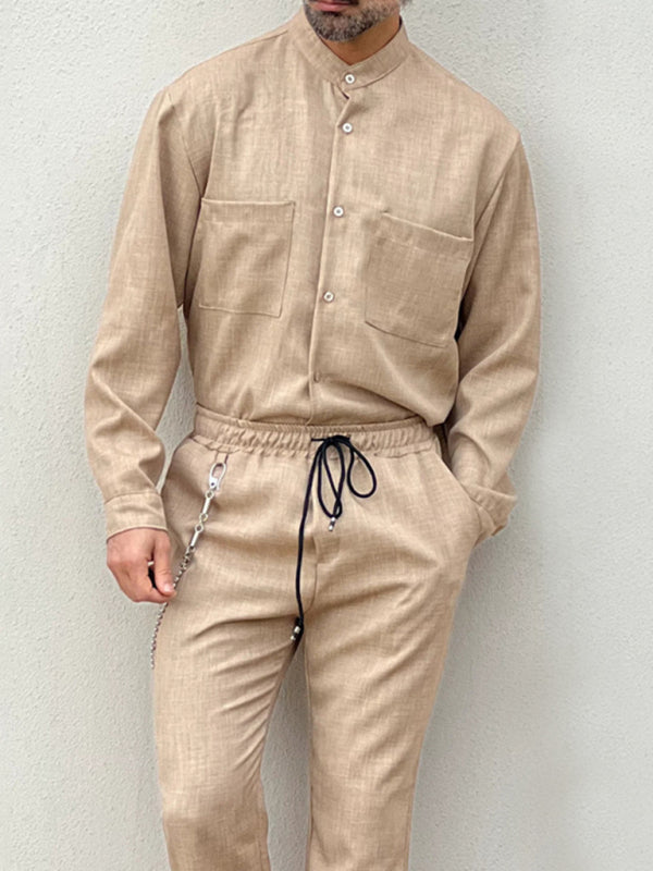 Lässiger Baumwoll-Leinen-Anzug, lockere Hose, Oberteil und Hemd, zweiteiliges Set 