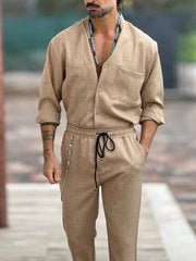 Lässiger Baumwoll-Leinen-Anzug, lockere Hose, Oberteil und Hemd, zweiteiliges Set 