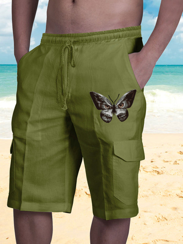 Leinenshorts mit mehreren Taschen und Befestigungsband, Herren-Strand-Cargohose 