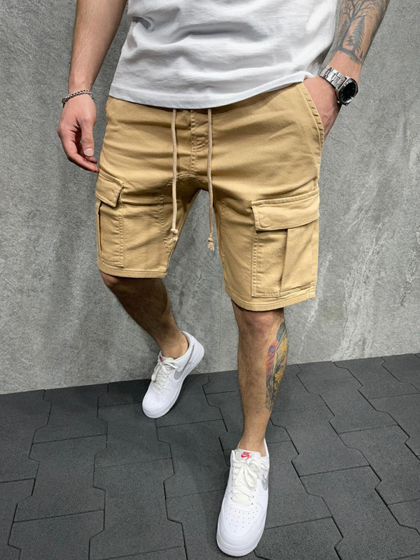 Lässige, einfarbige Five-Point-Hosen, gewebte, lässige Cargoshorts mit mehreren Taschen und Befestigungsmöglichkeit 