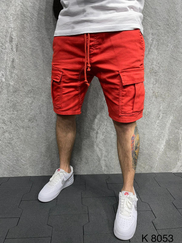 Lässige, einfarbige Five-Point-Hosen, gewebte, lässige Cargoshorts mit mehreren Taschen und Befestigungsmöglichkeit 